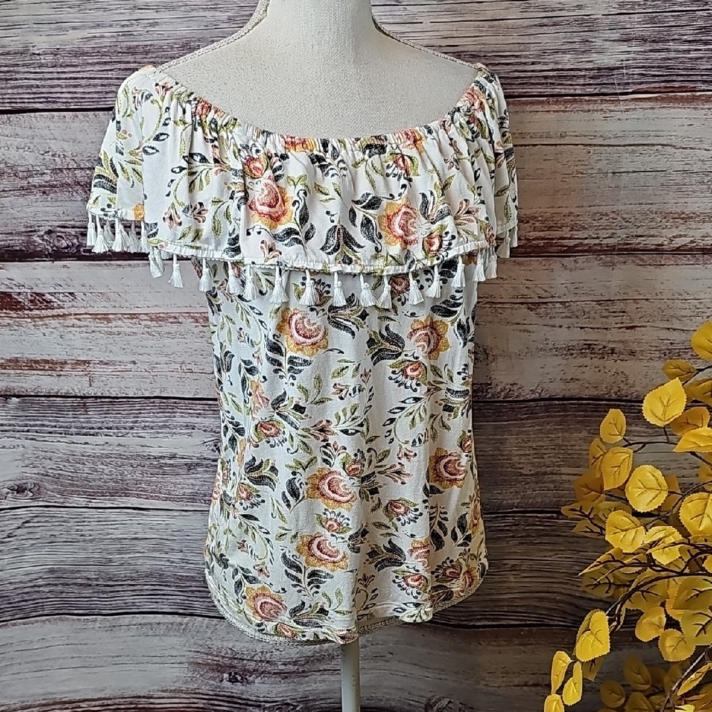 NEW FEVER MULTI-COLOR FLORAL OFF THE SHOULDER PULLOVER TOP